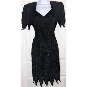 Mark & John by Gopal Vintage Black Sequined Beaded Silk Cocktail Evening Dress L